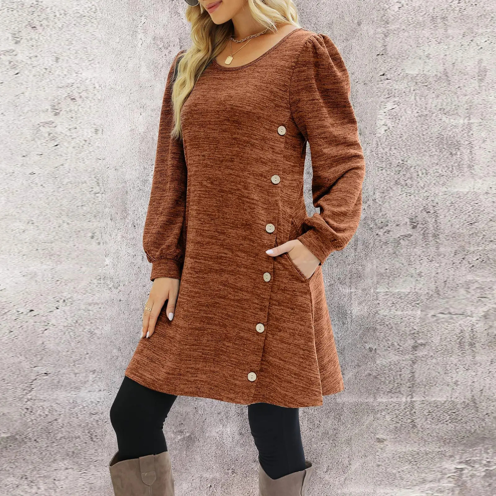 Fashion Women Round Neck Solid Color Button Long Sleeve Casual Loose Dress Vestido Feminino Dresses For Women New