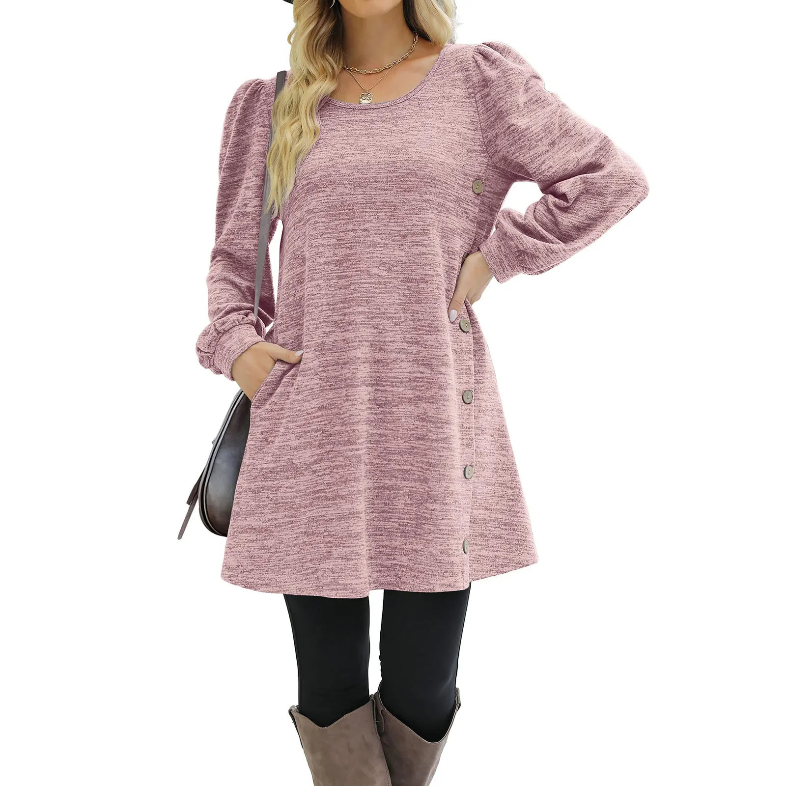 Fashion Women Round Neck Solid Color Button Long Sleeve Casual Loose Dress Vestido Feminino Dresses For Women New