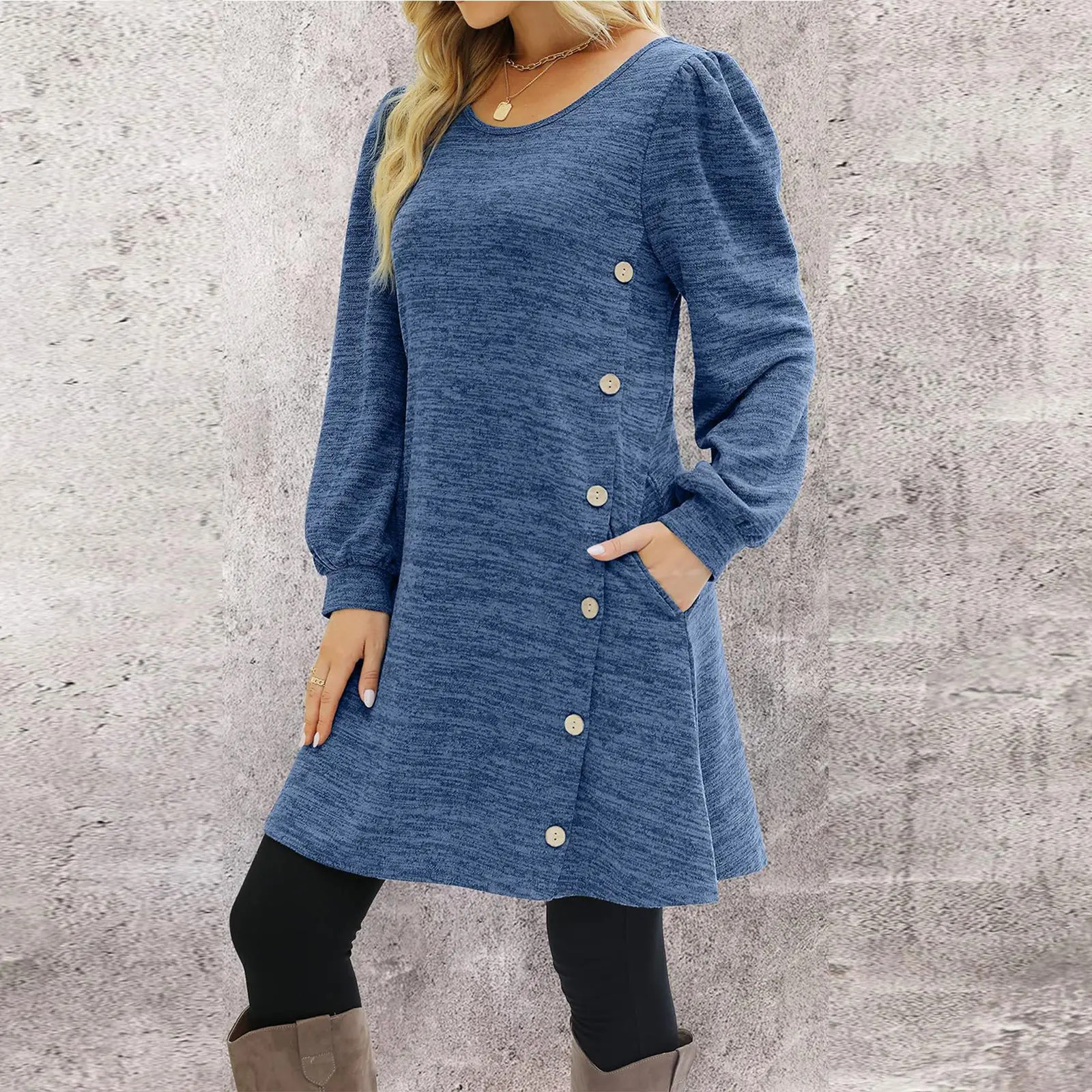 Fashion Women Round Neck Solid Color Button Long Sleeve Casual Loose Dress Vestido Feminino Dresses For Women New