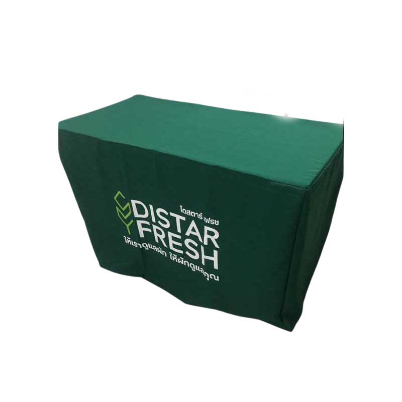 ผ้าคลุมโต๊ะแบบเก็บมุม Size 1.2 เมตร พร้อมสกรีนโลโก้