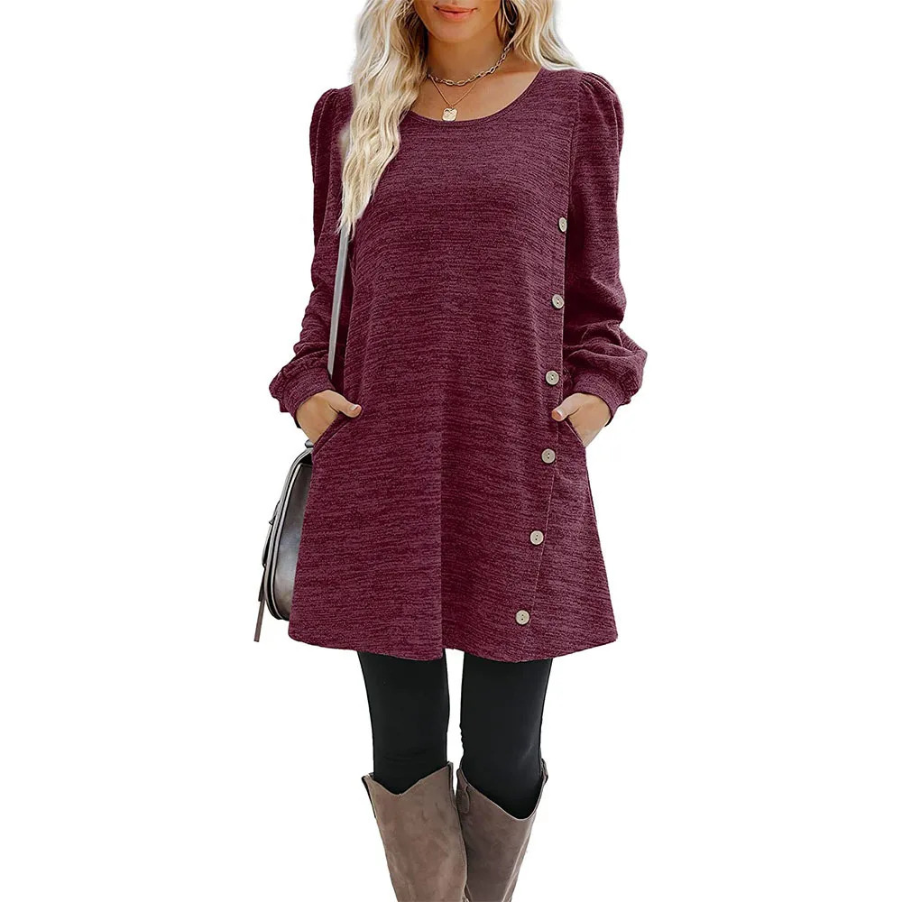 Fashion Women Round Neck Solid Color Button Long Sleeve Casual Loose Dress Vestido Feminino Dresses For Women New