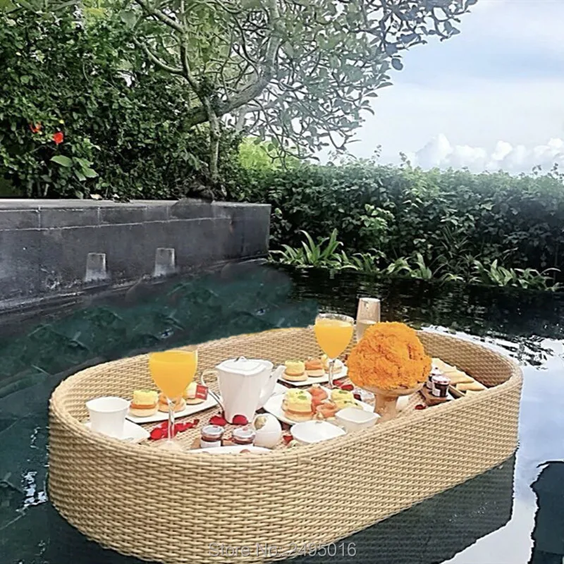 Successor Modern Floating Breakfast Tray Hotel Water Rattan Floating Open Air Pool Afternoon Tea Tray Oval Woven Rattan Basket