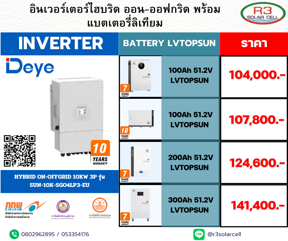 Deye Inverter + battery Lvtopsun 10kw 1p รุ่น SUN-10K-SGO4LP3-EU
