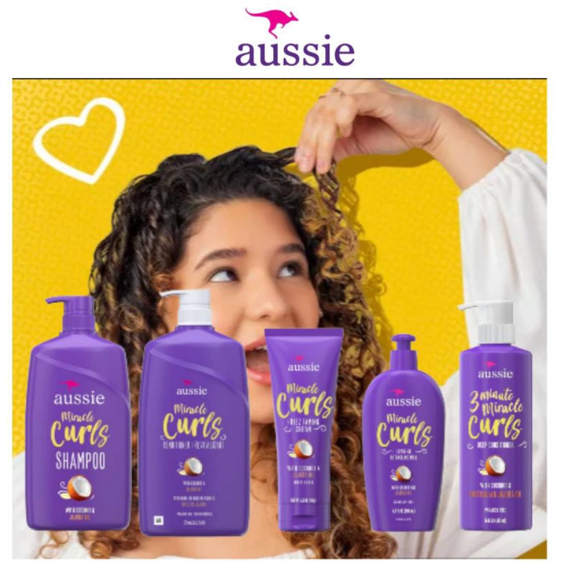 Aussie Miracle Curls with Coconut & Jojoba Oil - Shampoo, Conditioner, Cream and Detangling milk แชมพูสำหรับผมหยิก ผมดัด