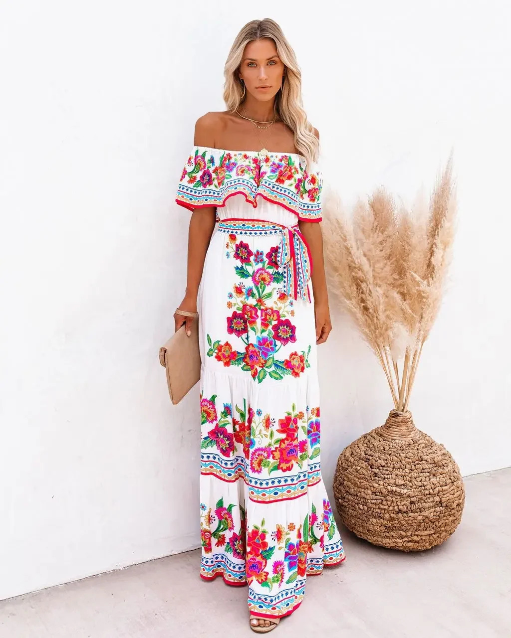 Spring Summer New Independent Stand Amazon Off-shoulder Red Flower Printing Long Dress