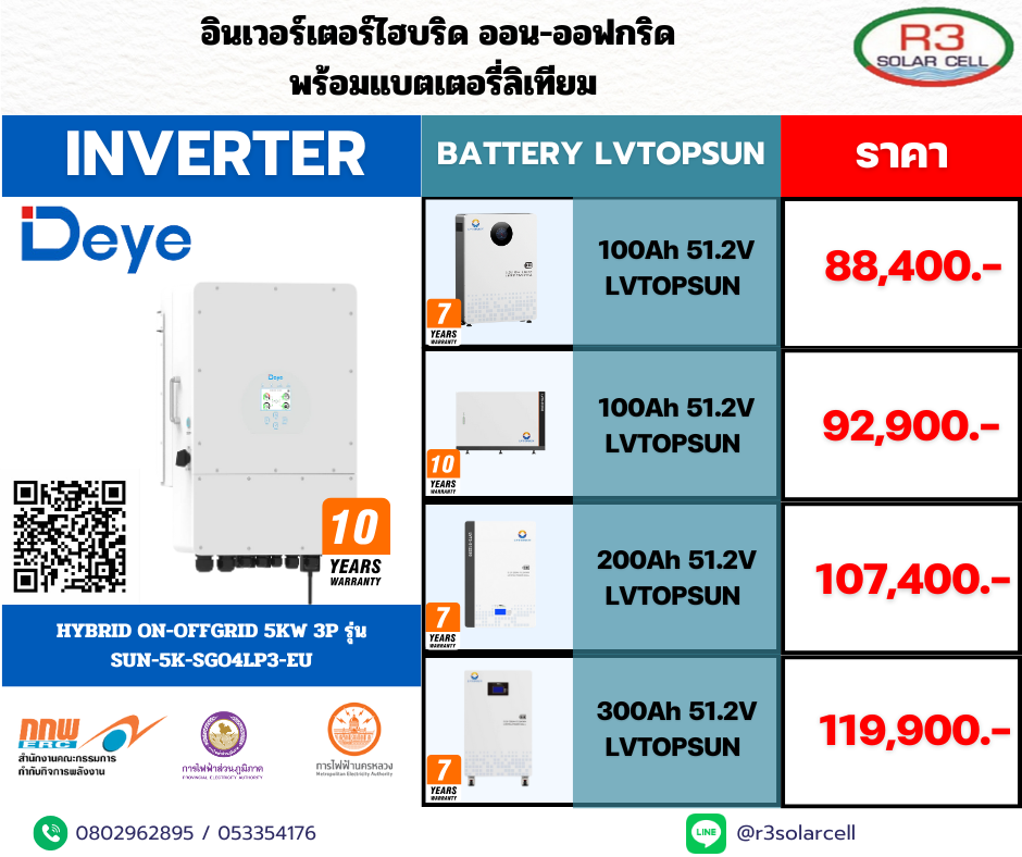 Deye Inverter + battery Lvtopsun 5kw 3p รุ่น SUN-5K-SGO4LP3-EU