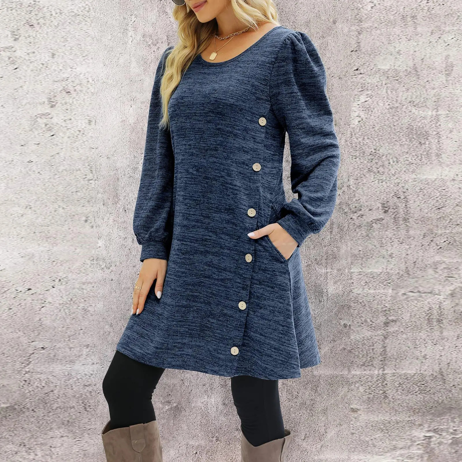 Fashion Women Round Neck Solid Color Button Long Sleeve Casual Loose Dress Vestido Feminino Dresses For Women New