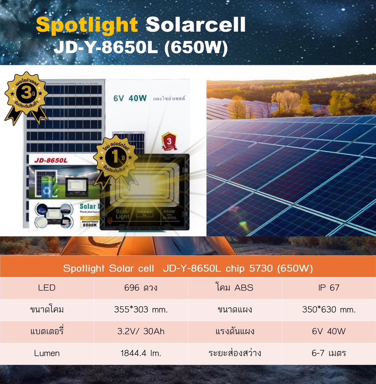 Spot Light Solar cell JD-Y-8650L ขนาด 650W (แสงสีเหลือง)