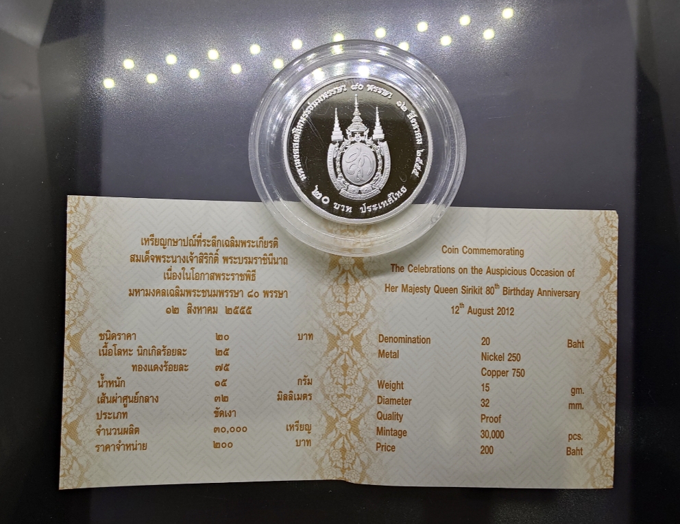 เหรียญ 20 บาท นิเกิลขัดเงา ที่ระลึก พระนางเจ้าสิริกิติ์ พระบรมราชินีนาถ เนื่องในโอกาสพระราชพิธีมหามงคล เฉลิมพระชนมพรรษา 80 พรรษา ราชินี พร้อมใบเซอร์