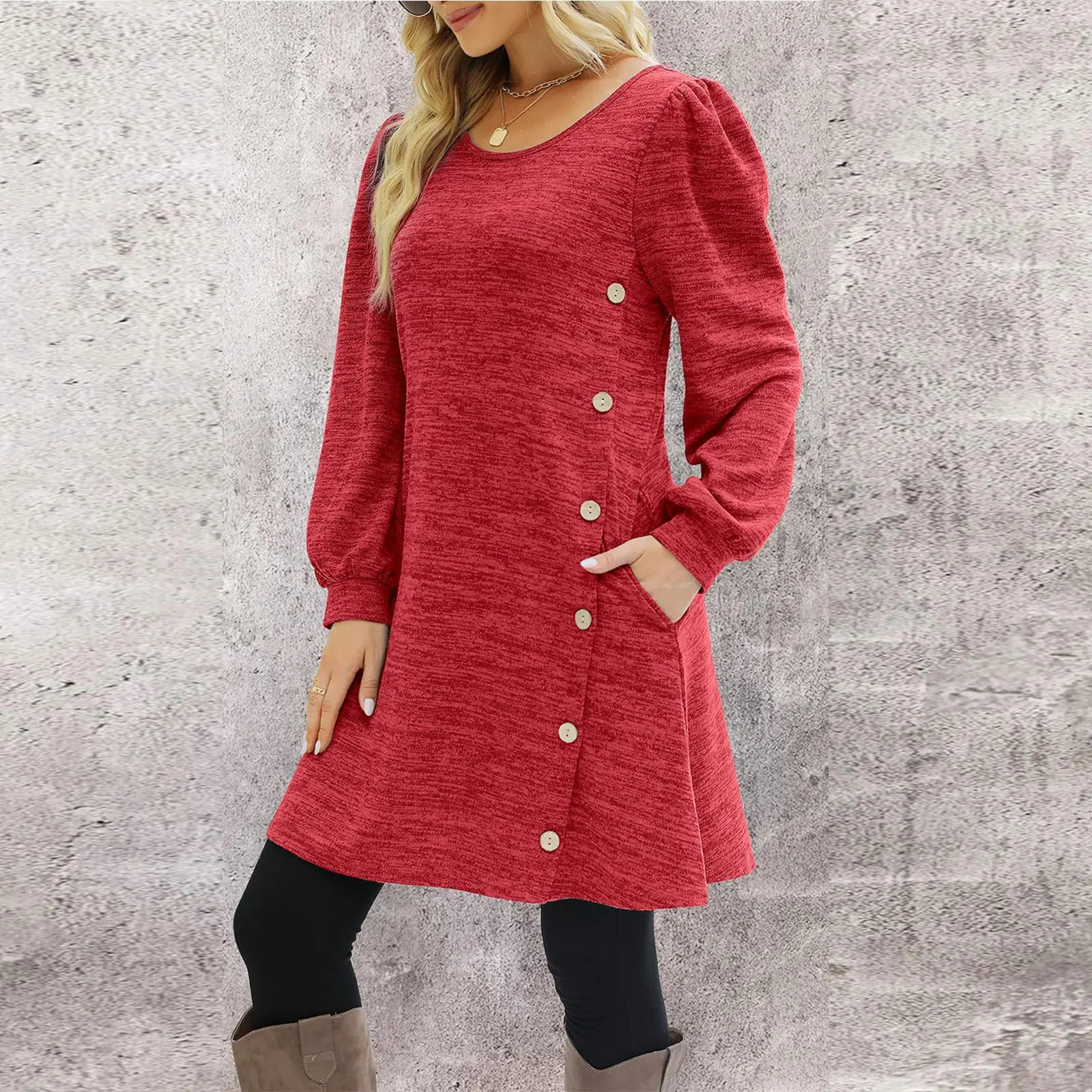 Fashion Women Round Neck Solid Color Button Long Sleeve Casual Loose Dress Vestido Feminino Dresses For Women New