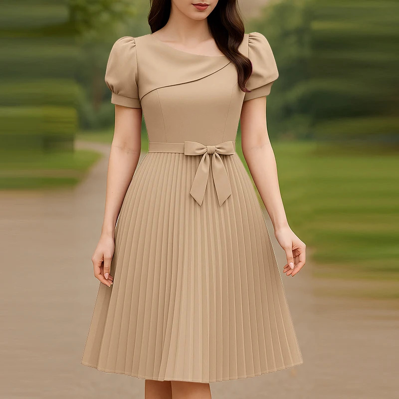 ZANZEA Beige Elegant Puff Sleeve Party Dress