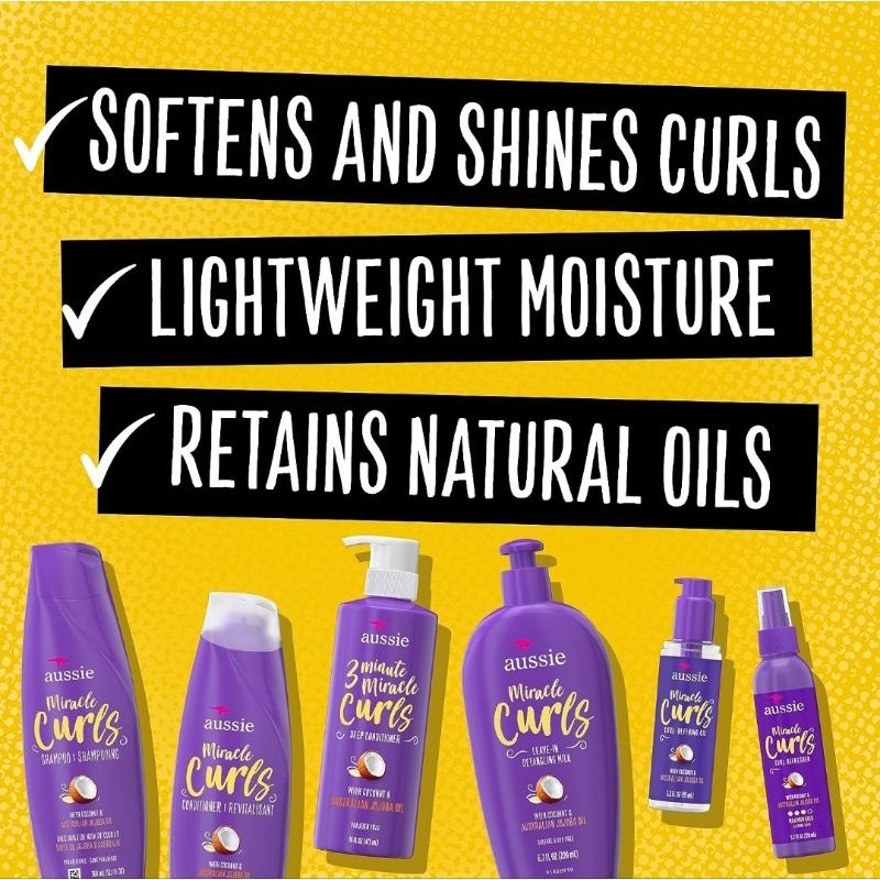 Aussie Miracle Curls with Coconut & Jojoba Oil - Shampoo, Conditioner, Cream and Detangling milk แชมพูสำหรับผมหยิก ผมดัด