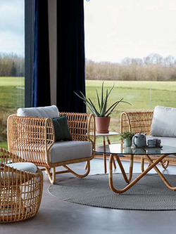 Rattan Outdoor Sofa Set with Glass Top Coffee Table and Cushions in Yellow