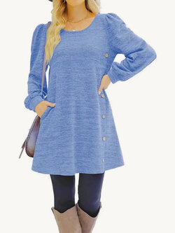 Fashion Women Round Neck Solid Color Button Long Sleeve Casual Loose Dress Vestido Feminino Dresses For Women New