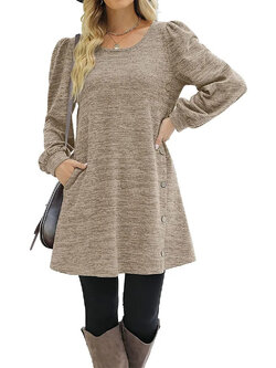 Fashion Women Round Neck Solid Color Button Long Sleeve Casual Loose Dress Vestido Feminino Dresses For Women New