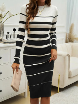 Office Ladies Knitted Dress Elegant Striped Print Slim Long-sleeved Dress 2025 Autumn Winter Fashion New