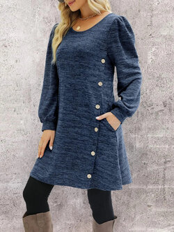 Fashion Women Round Neck Solid Color Button Long Sleeve Casual Loose Dress Vestido Feminino Dresses For Women New