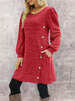 Fashion Women Round Neck Solid Color Button Long Sleeve Casual Loose Dress Vestido Feminino Dresses For Women New