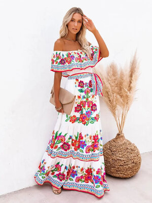 Spring Summer New Independent Stand Amazon Off-shoulder Red Flower Printing Long Dress