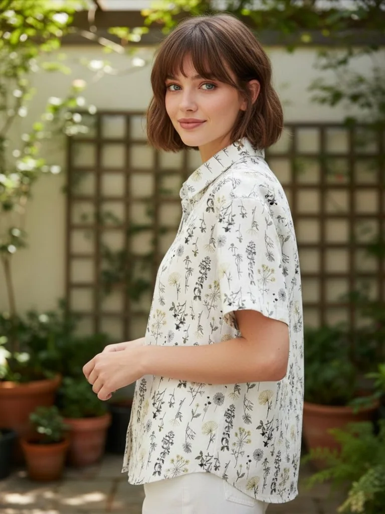 Fern Whisper เสื้อเชิ้ตแขนสั้นสีขาว พิมพ์ลายดอกไม้เล็ก ผ้าใส่สบาย ชิลล์คาแฟ่พักผ่อนสุดสัปดาห์ Fern Whisper เสื้อเชิ้ตแขนสั้นสีขาว พิมพ์ลายดอกไม้เล็ก ผ้าใส่สบาย ชิลล์คาแฟ่พักผ่อนสุดสัปดาห์