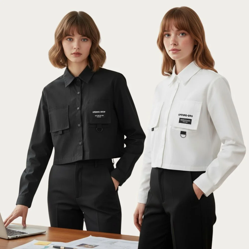 Black & White เสื้อเชิ้ตทรงครอป ดีไซน์กระเป๋าคู่ ลุคทำงานทันสมัย มี 2 สี Black & White เสื้อเชิ้ตทรงครอป ดีไซน์กระเป๋าคู่ ลุคทำงานทันสมัย มี 2 สี
