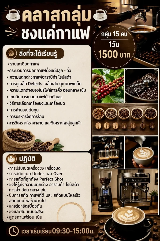 คอร์สเรียนชงกาแฟ คลาสกลุ่ม ชงแค่กาแฟ กลุ่ม 15 คน 1วัน คอร์สเรียนชงกาแฟ คลาสกลุ่ม ชงแค่กาแฟ กลุ่ม 15 คน 1วัน