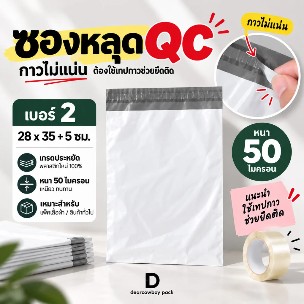 ซองไปรษณีย์พลาสติก หลุด QC เบอร์ 2 (เกรดประหยัด) ขนาด 28x35+5 ซม. 100 ใบ