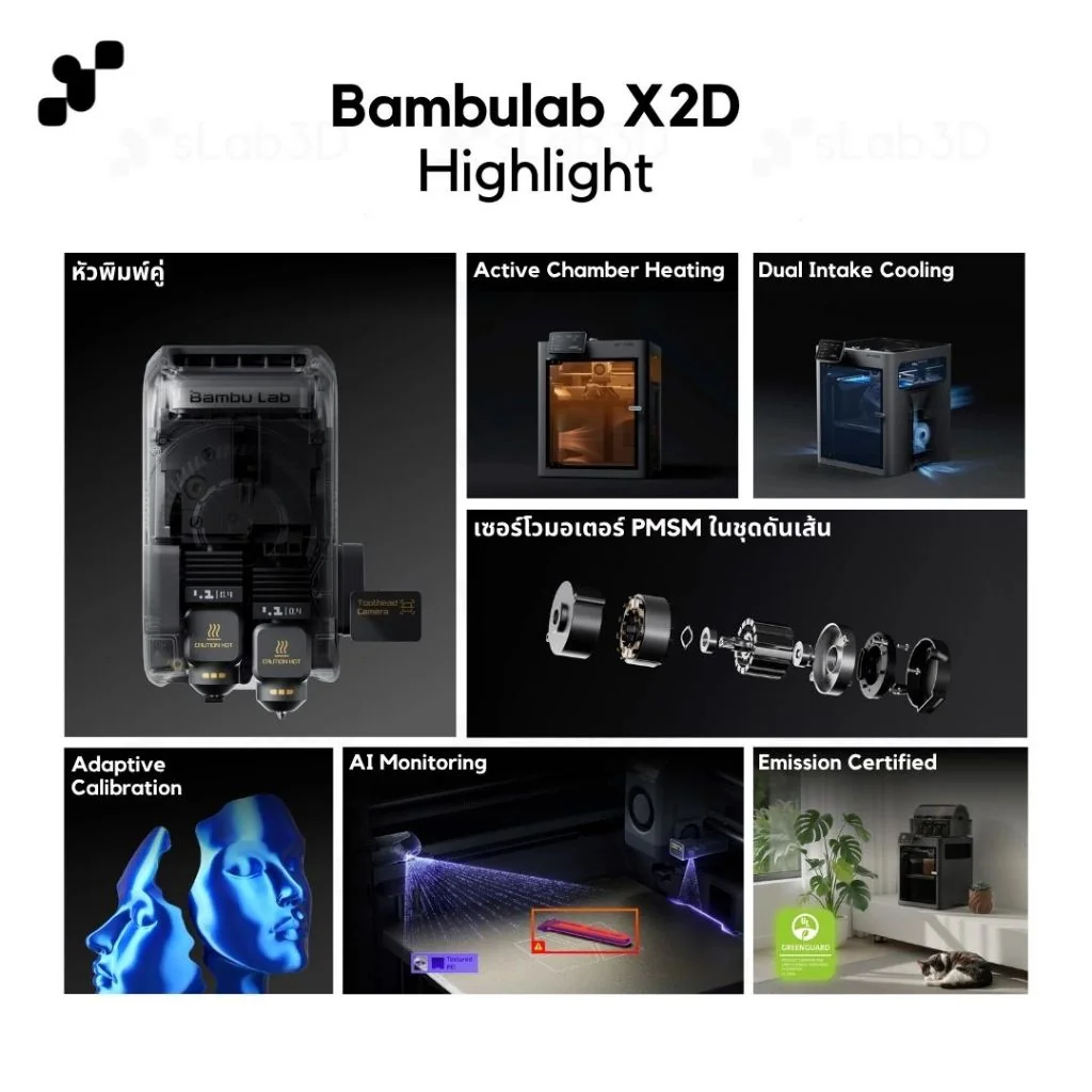 Bambulab X2D เครื่องพิมพ์สามมิติ (3D Printer) | แถมฟรี + FDM Starter Kit E เครื่องประกันไทย Bambulab X2D เครื่องพิมพ์สามมิติ (3D Printer) | แถมฟรี + FDM Starter Kit E เครื่องประกันไทย