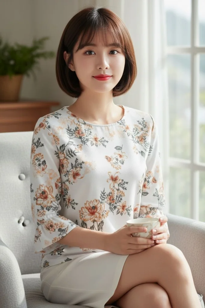 "Petal Affair" เสื้อเบลาส์ผู้หญิงสีขาว แขนบานลายดอกไม้