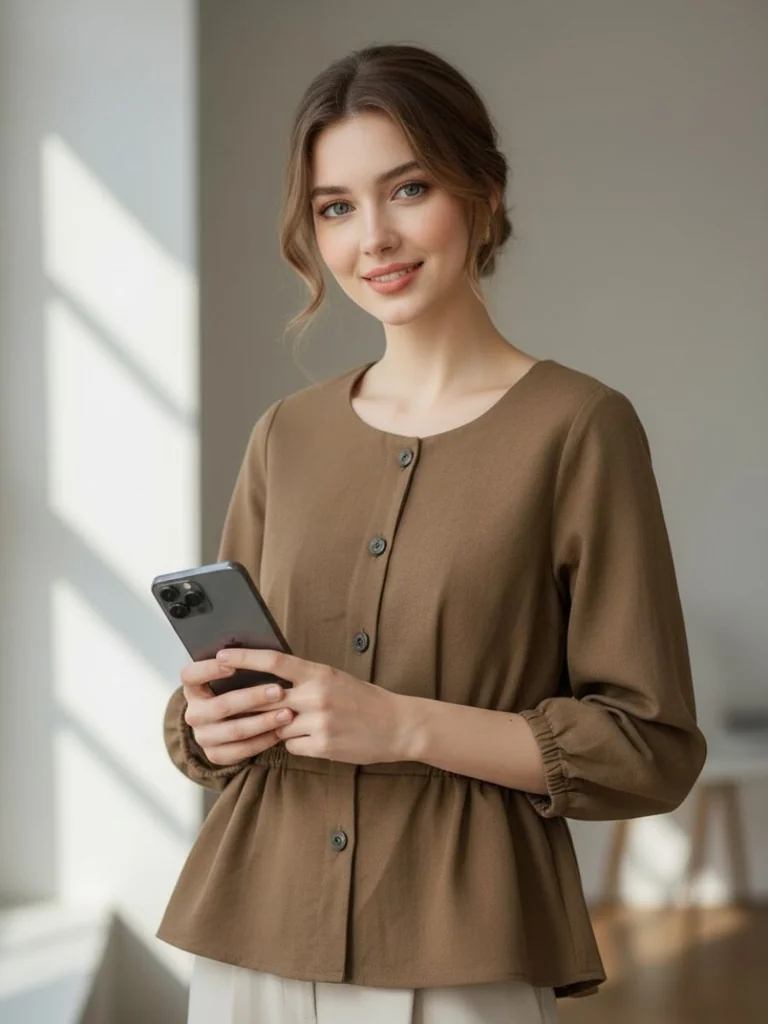 Caramel Smart เสื้อเบลาส์สีน้ำตาล แขนสามส่วน รูดเอวทรงสวย มินิมอลใส่ทำงาน