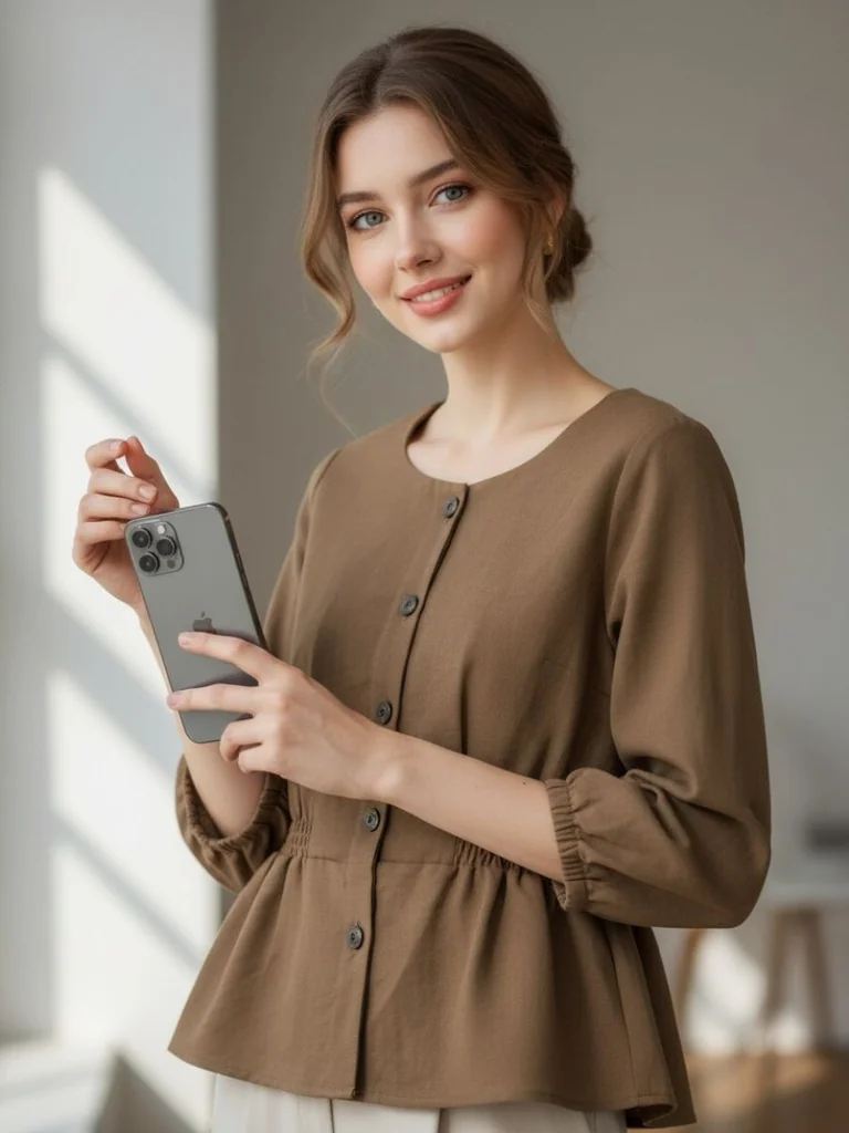 Caramel Smart เสื้อเบลาส์สีน้ำตาล แขนสามส่วน รูดเอวทรงสวย มินิมอลใส่ทำงาน