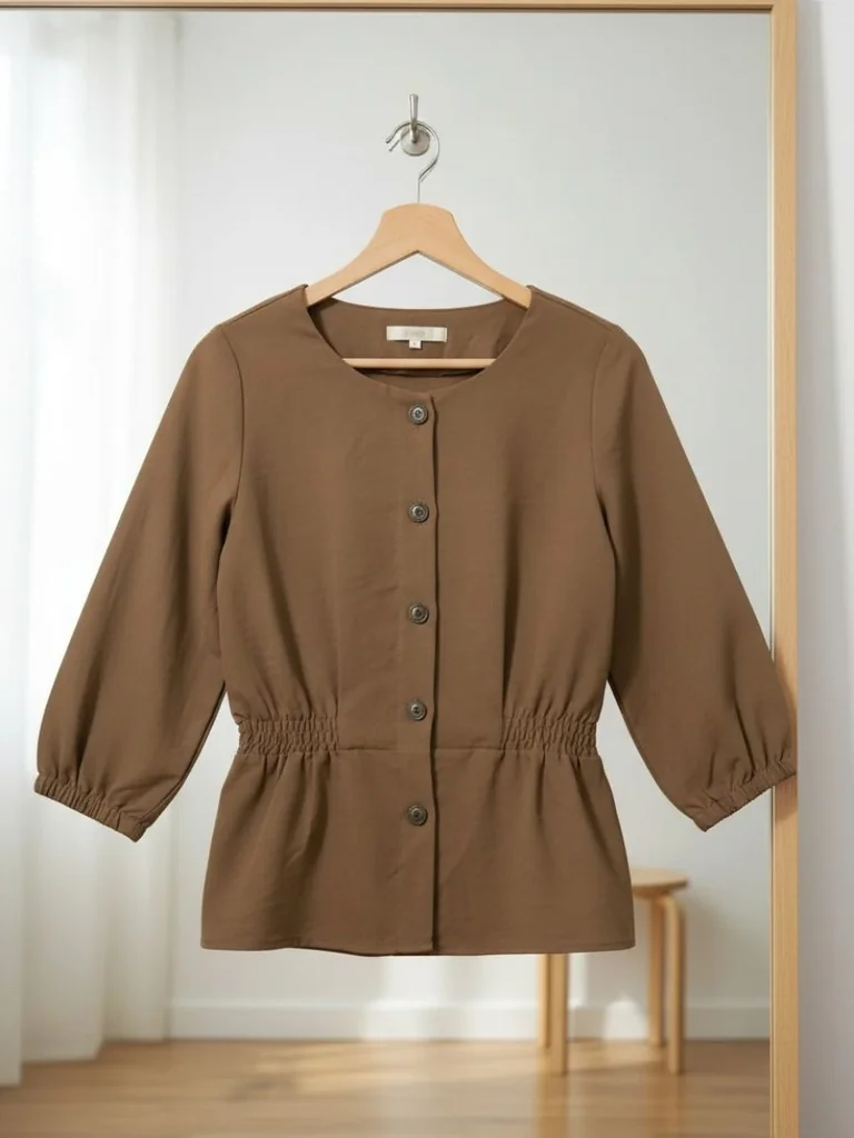 Caramel Smart เสื้อเบลาส์สีน้ำตาล แขนสามส่วน รูดเอวทรงสวย มินิมอลใส่ทำงาน
