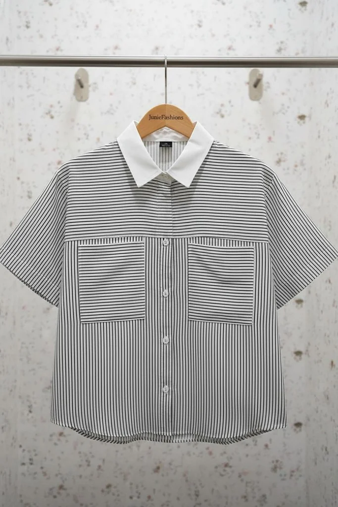 Monochrome Grid เสื้อเชิ้ตผู้หญิง แขนสั้น ลายทางขาวดำ โดดเด่นและมีเอกลักษณ์ Monochrome Grid เสื้อเชิ้ตผู้หญิง แขนสั้น ลายทางขาวดำ โดดเด่นและมีเอกลักษณ์