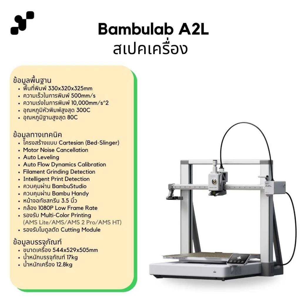 Bambulab A2L เครื่องพิมพ์สามมิติ (3D Printer) ฐานใหญ่ขึ้น | แถมฟรี FDM Starter Kit E เครื่อง Global ประกันไทย Bambulab A2L เครื่องพิมพ์สามมิติ (3D Printer) ฐานใหญ่ขึ้น | แถมฟรี FDM Starter Kit E เครื่อง Global ประกันไทย