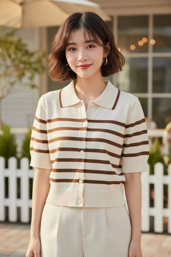 เสื้อยืดแฟชั่นคอปก สีครีมลายทางสีน้ำตาล ใส่สบายทุกวัน เสื้อยืดแฟชั่นคอปก สีครีมลายทางสีน้ำตาล ใส่สบายทุกวัน