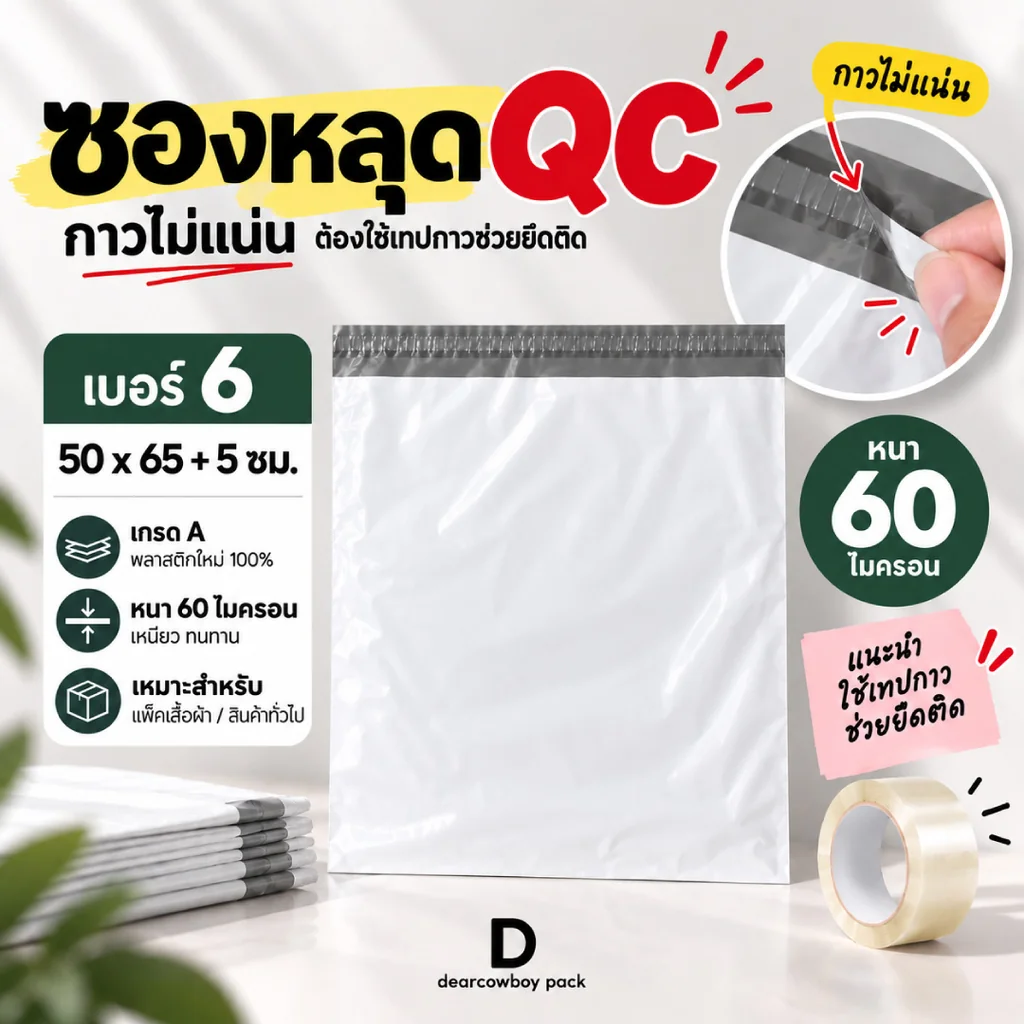 ซองไปรษณีย์พลาสติก หลุด QC เบอร์ 6 ขนาด 50x65+5 ซม. 100 ใบ ซองไปรษณีย์พลาสติก หลุด QC เบอร์ 6 ขนาด 50x65+5 ซม. 100 ใบ