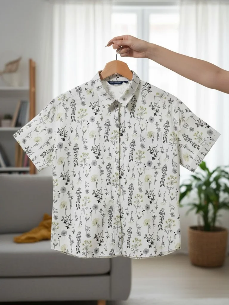 Fern Whisper เสื้อเชิ้ตแขนสั้นสีขาว พิมพ์ลายดอกไม้เล็ก ผ้าใส่สบาย ชิลล์คาแฟ่พักผ่อนสุดสัปดาห์ Fern Whisper เสื้อเชิ้ตแขนสั้นสีขาว พิมพ์ลายดอกไม้เล็ก ผ้าใส่สบาย ชิลล์คาแฟ่พักผ่อนสุดสัปดาห์