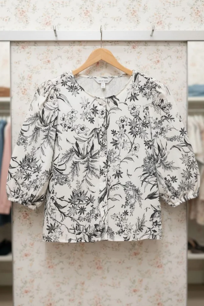Chloé เสื้อผู้หญิง แขนสามส่วน พิมพ์ลายดอกไม้สีขาวดำ ลุควินเทจหวานละมุน Chloé เสื้อผู้หญิง แขนสามส่วน พิมพ์ลายดอกไม้สีขาวดำ ลุควินเทจหวานละมุน