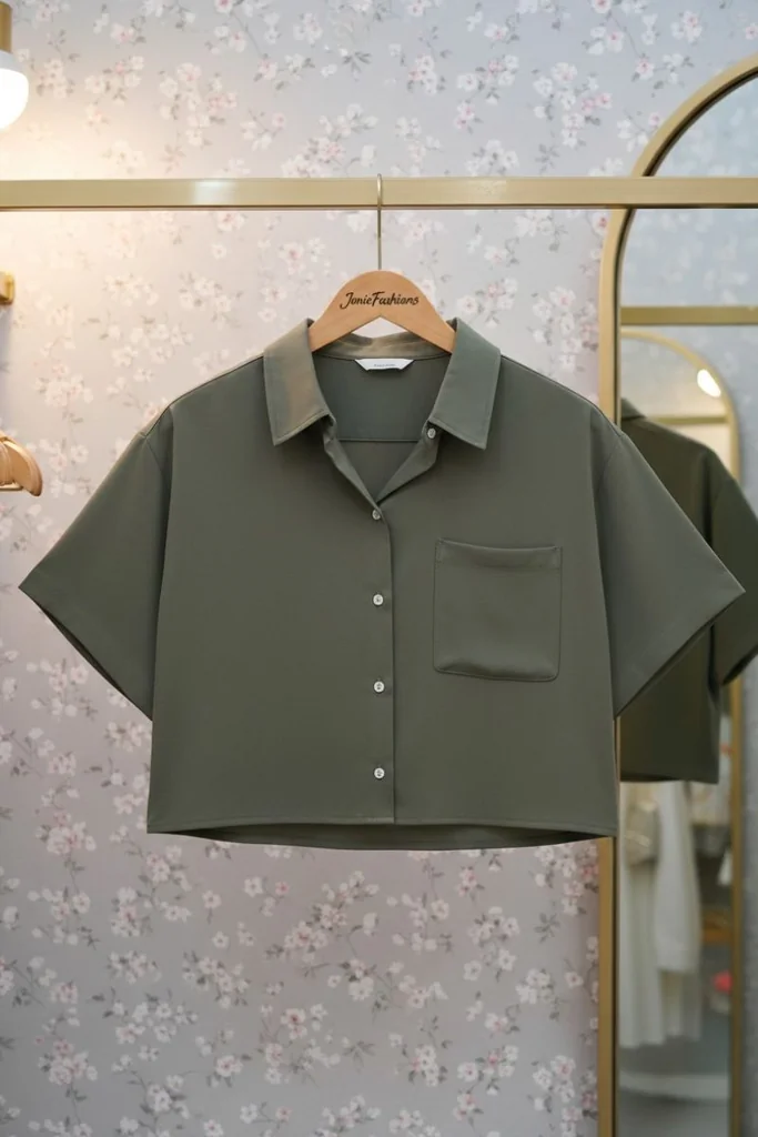 เสื้อเชิ้ตครอปผู้หญิง แขนสั้น สีเขียว รหัส WS2003 สตรีทแฟชั่นลุคเท่ห์มั่นใจ