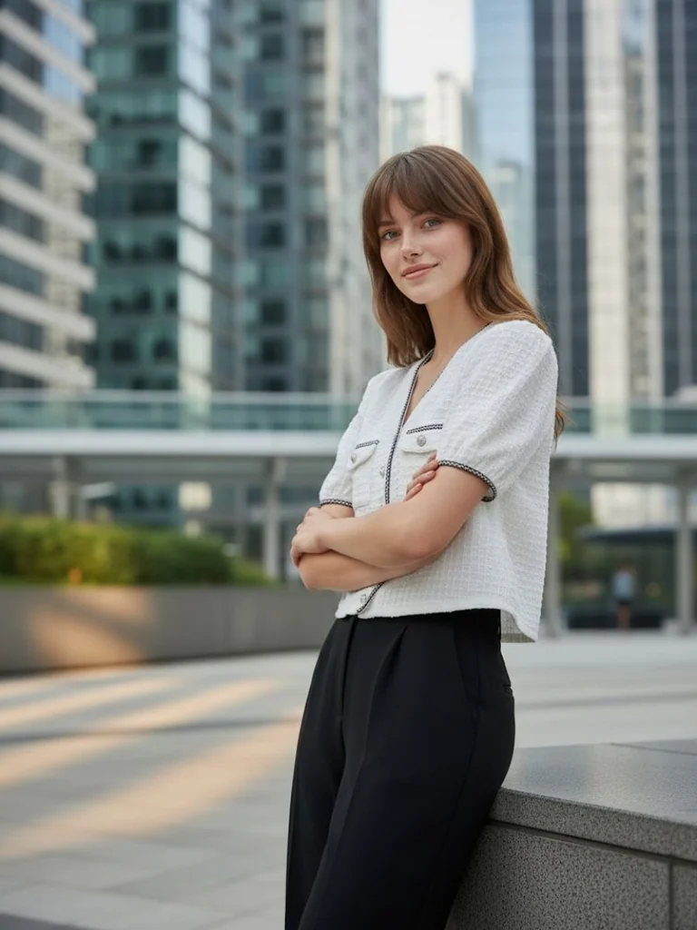 Fiona เสื้อแฟชั่นแขนสั้น สีขาว ผ้าเนื้อยืดใส่สบาย แต่งขอบเก๋ ใส่ได้หลายโอกาส
