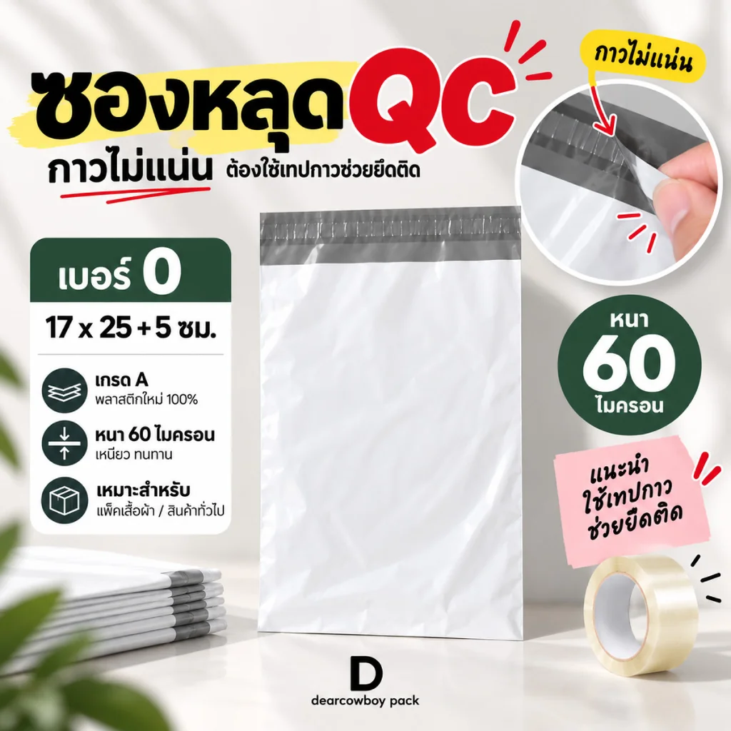 ซองไปรษณีย์พลาสติก หลุด QC เบอร์ 0 ขนาด 17x25+5 ซม. 100 ใบ