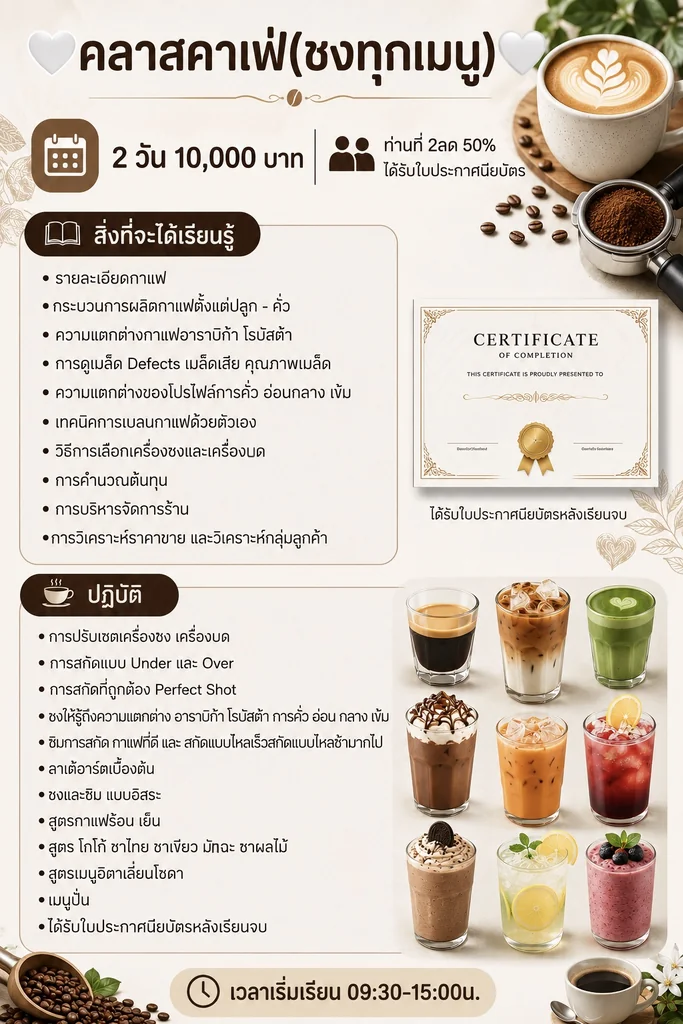 คลาสคาเฟ่(ชงทุกเมนู) 2 วัน 10,000 บาท ท่านที่ 2ลด 50% ได้รับใบประกาศนียบัตร