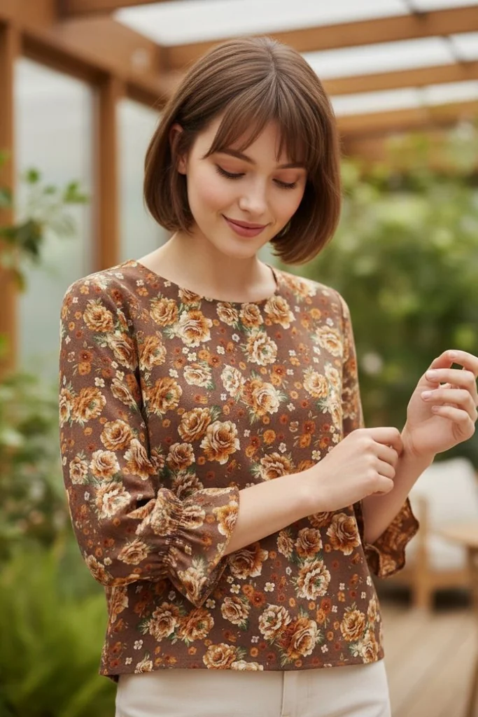 เสื้อเบลาส์ผู้หญิง สีน้ำตาล พิมพ์ลายดอกไม้ รหัส BL1012 ลุคแคชชวลสบาย ๆ ในวันหยุด เสื้อเบลาส์ผู้หญิง สีน้ำตาล พิมพ์ลายดอกไม้ รหัส BL1012 ลุคแคชชวลสบาย ๆ ในวันหยุด
