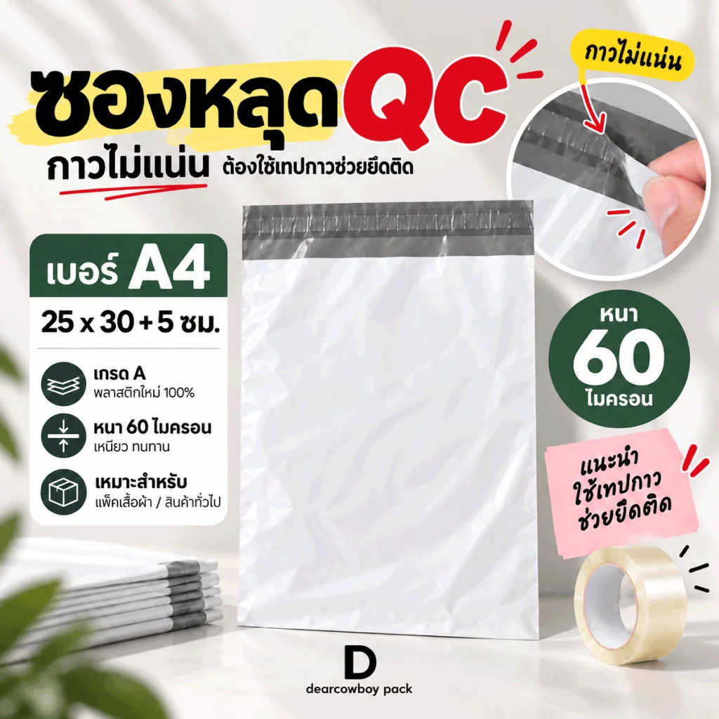 ซองไปรษณีย์พลาสติก หลุด QC เบอร์ A4 ขนาด 25x30+5 ซม. 100 ใบ
