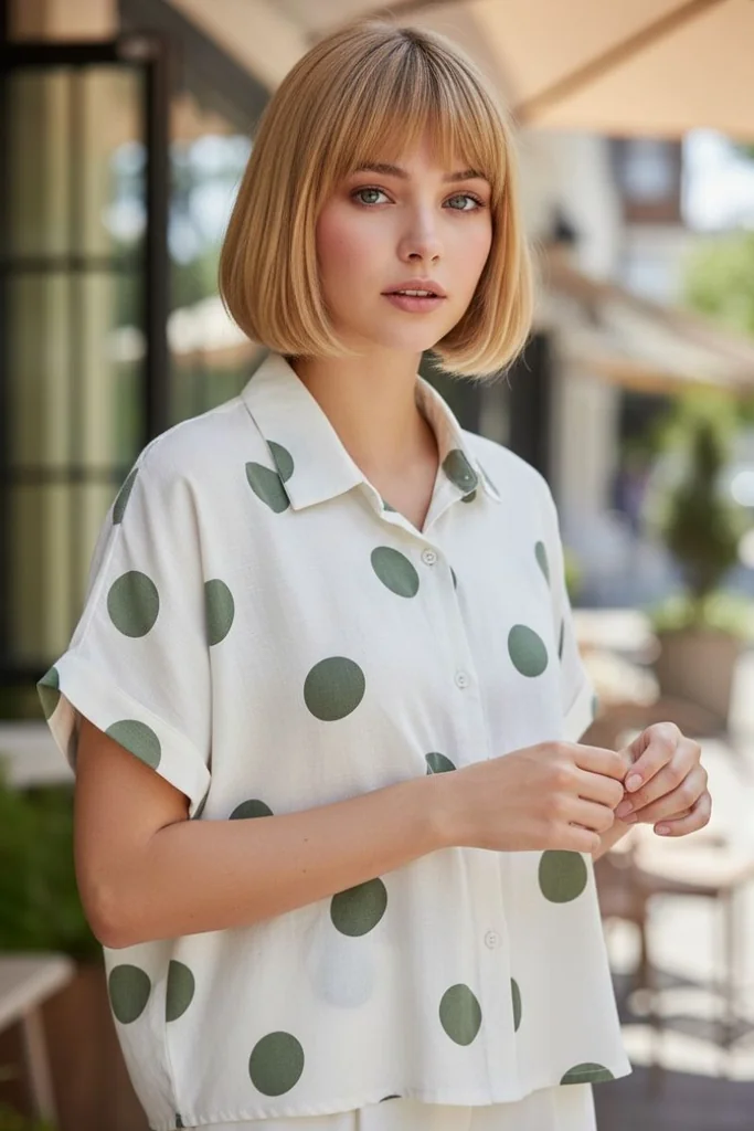 Matcha Mood เสื้อเชิ้ตผู้หญิงแขนสั้น สีขาว พิมพ์ลายจุดกลมสีเขียว ใส่แล้วดูสวยหวาน