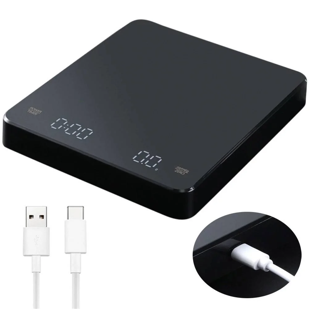 เครื่องชั่งกาแฟดิจิตอล ใช้แบตเตอรี่ ชาร์จ USB 3 กก. 0.1 กรัม พร้อมตัวจับเวลา เครื่องชั่งกาแฟดิจิตอล ใช้แบตเตอรี่ ชาร์จ USB 3 กก. 0.1 กรัม พร้อมตัวจับเวลา