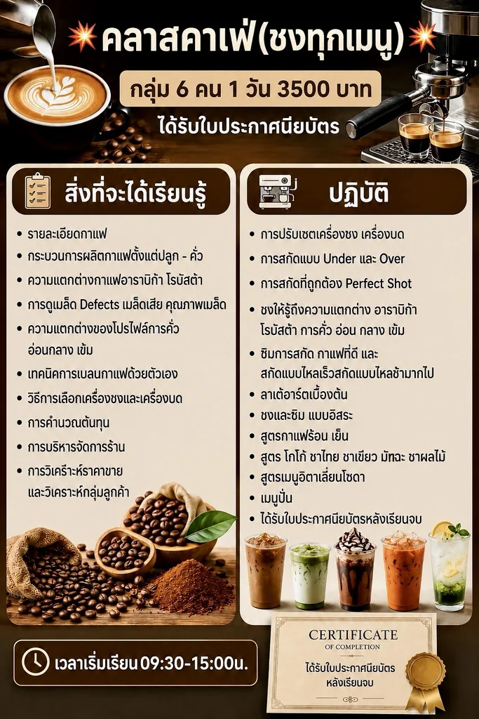 คลาสสอนชงกาแฟครบทุกเมนู กลุ่ม 6 ท่าน 1 วัน พร้อมใบประกาศนียบัตร คลาสสอนชงกาแฟครบทุกเมนู กลุ่ม 6 ท่าน 1 วัน พร้อมใบประกาศนียบัตร