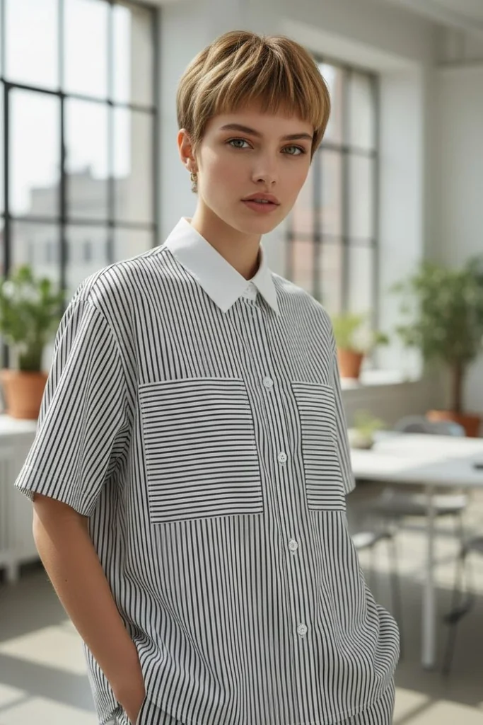 Monochrome Grid เสื้อเชิ้ตผู้หญิง แขนสั้น ลายทางขาวดำ โดดเด่นและมีเอกลักษณ์ Monochrome Grid เสื้อเชิ้ตผู้หญิง แขนสั้น ลายทางขาวดำ โดดเด่นและมีเอกลักษณ์