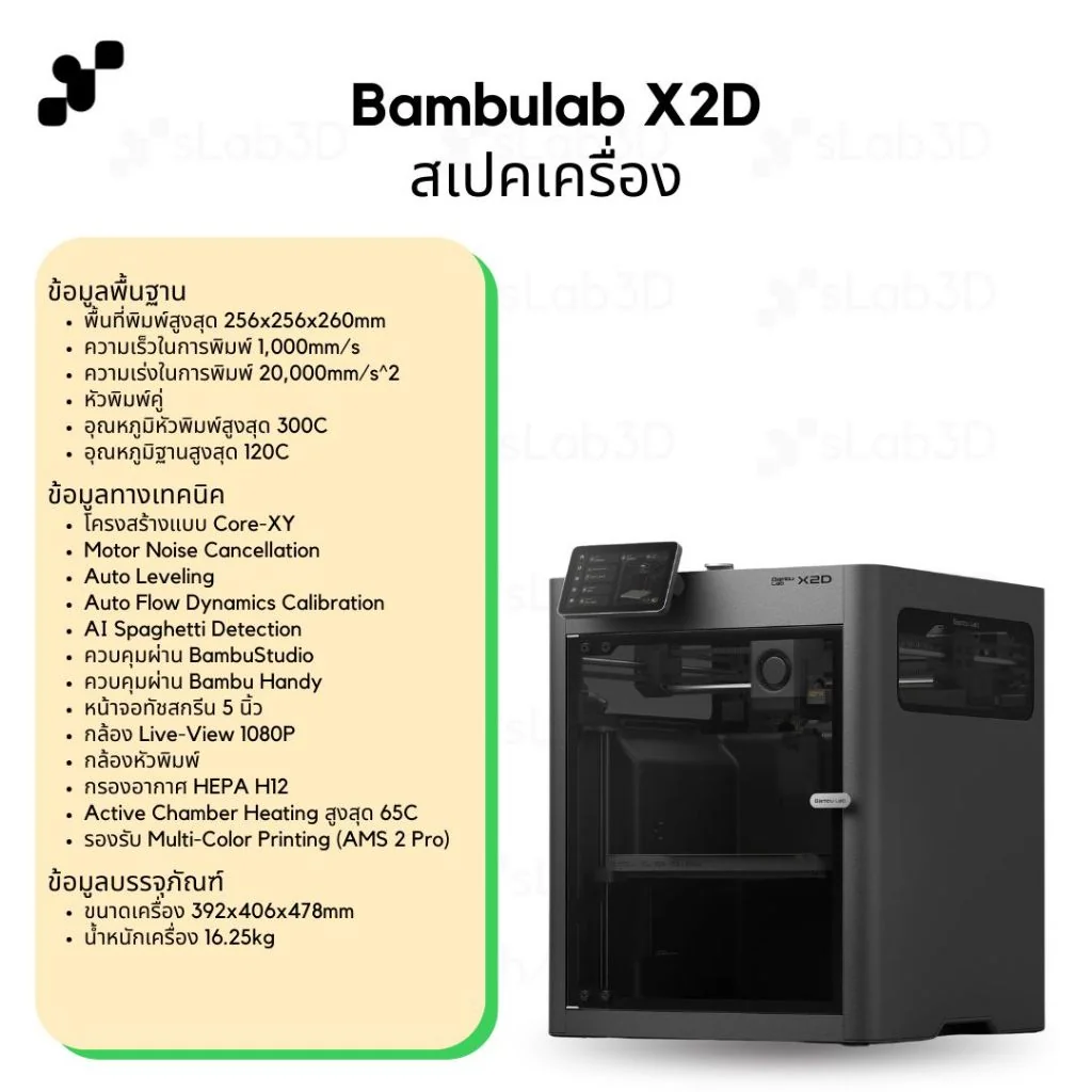 Bambulab X2D เครื่องพิมพ์สามมิติ (3D Printer) | แถมฟรี + FDM Starter Kit E เครื่องประกันไทย Bambulab X2D เครื่องพิมพ์สามมิติ (3D Printer) | แถมฟรี + FDM Starter Kit E เครื่องประกันไทย