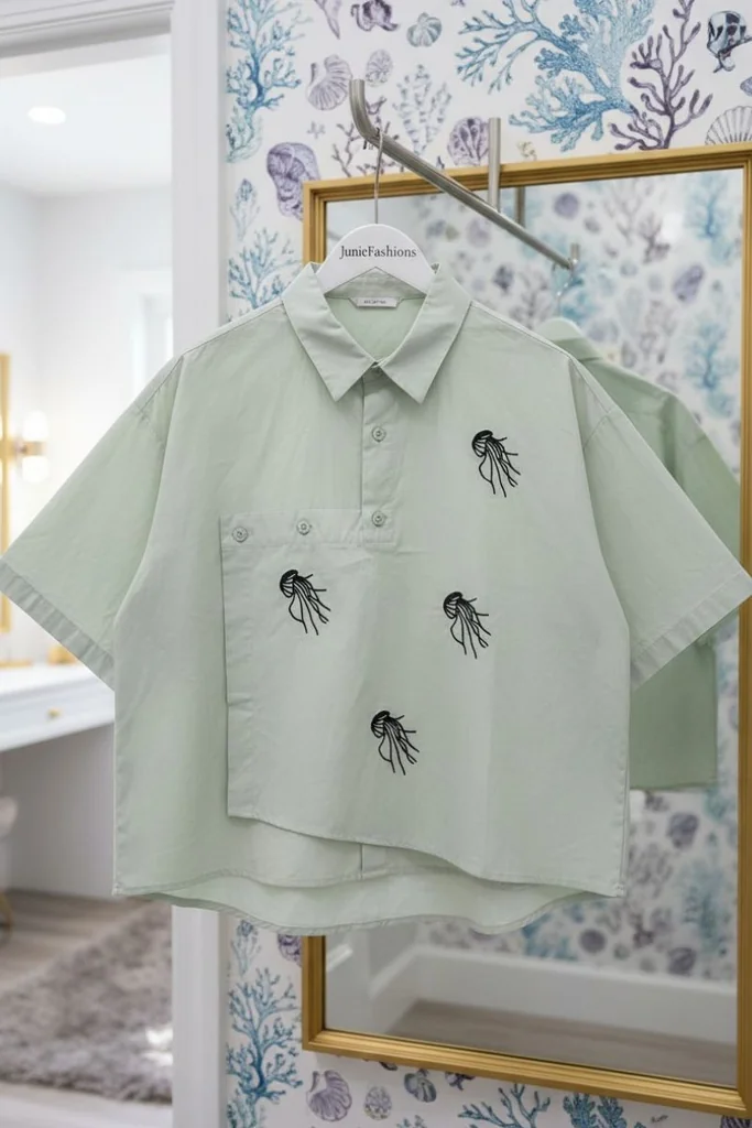 เสื้อเชิ้ตผู้หญิงแขนสั้น สีเขียว คอโปโล ปักลาย รหัส WS2004 สดใสใส่ชิลล์วันสบาย ๆ